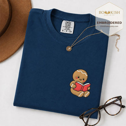Gingerbread Character With Red Book Embroidered T-Shirt | Christmas Reader Gift Navy