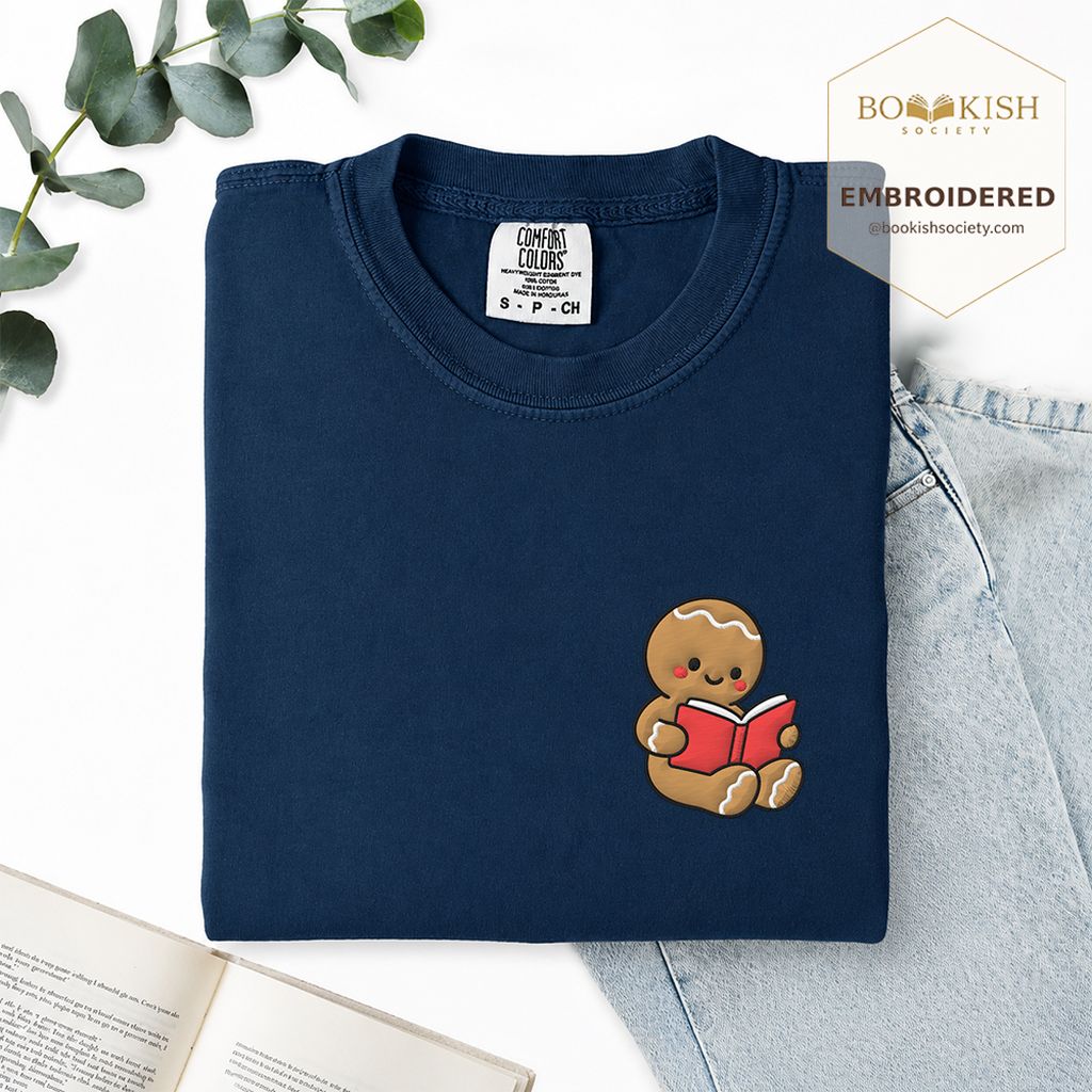 Gingerbread Character With Red Book Embroidered T-Shirt | Christmas Reader Gift Navy