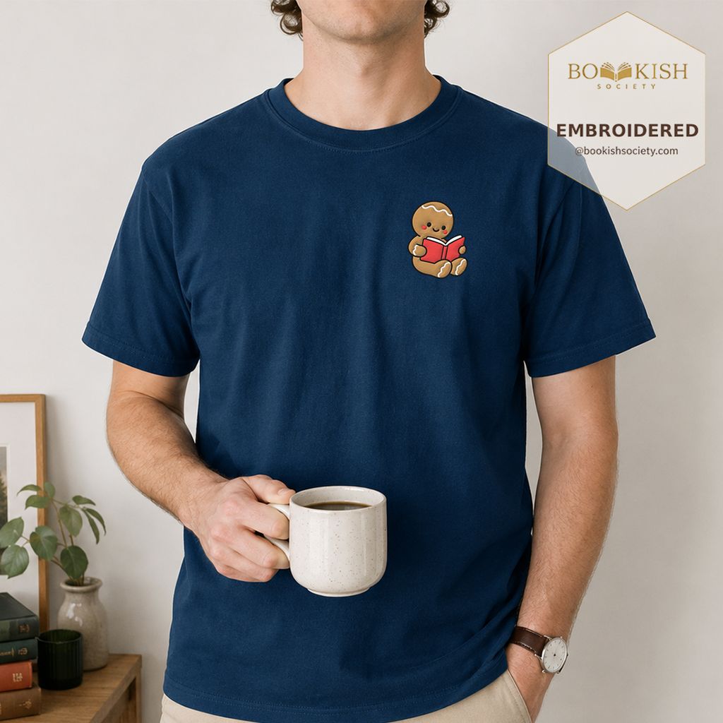 Gingerbread Character With Red Book Embroidered T-Shirt | Christmas Reader Gift Navy