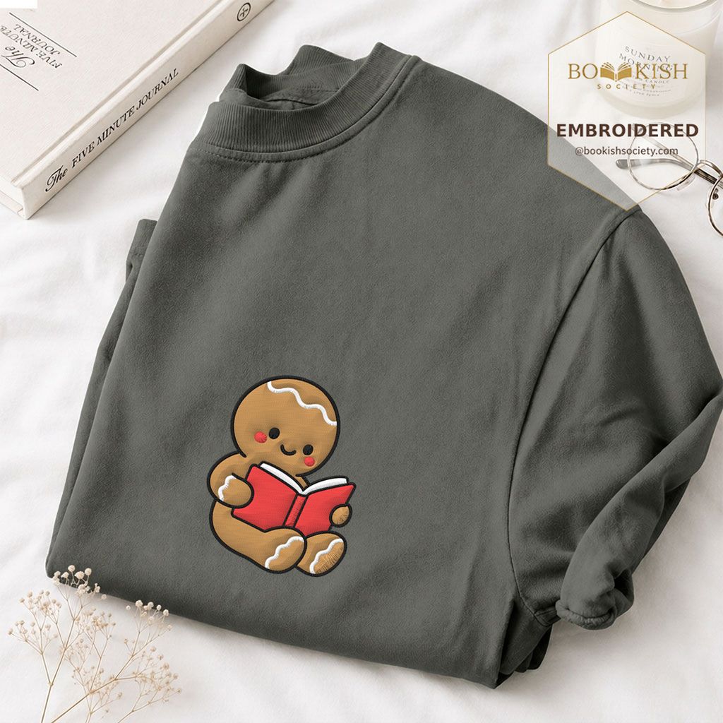 Gingerbread Character With Red Book Embroidered T-Shirt | Christmas Reader Gift Pepper