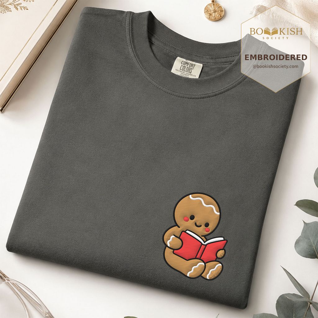Gingerbread Character With Red Book Embroidered T-Shirt | Christmas Reader Gift Pepper