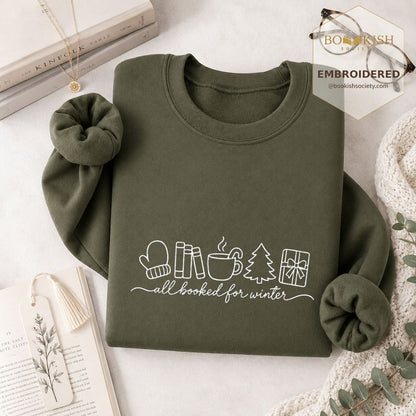 All Booked For Winter Embroidered Sweatshirt | Christmas Reader Gift Military Green