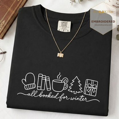 All Booked For Winter Embroidered T-Shirt | Christmas Reader Gift Black