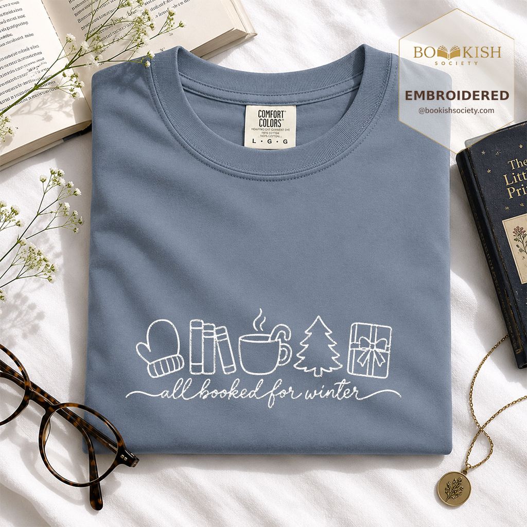 All Booked For Winter Embroidered T-Shirt | Christmas Reader Gift Blue Jean