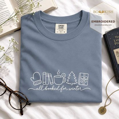 All Booked For Winter Embroidered T-Shirt | Christmas Reader Gift Blue Jean