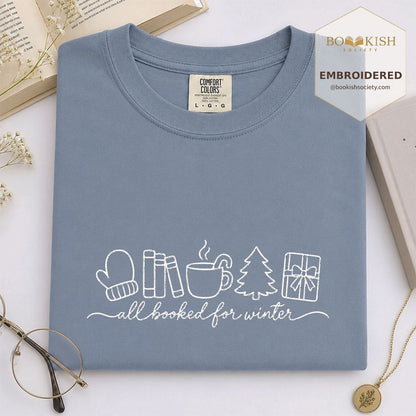 All Booked For Winter Embroidered T-Shirt | Christmas Reader Gift Blue Jean