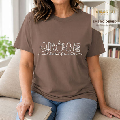 All Booked For Winter Embroidered T-Shirt | Christmas Reader Gift Espresso