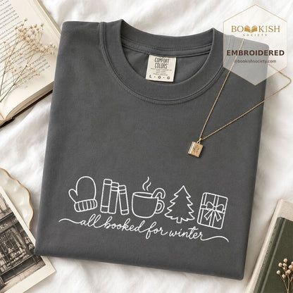 All Booked For Winter Embroidered T-Shirt | Christmas Reader Gift Graphite