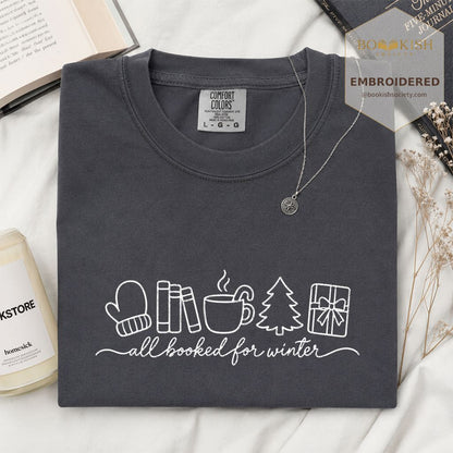 All Booked For Winter Embroidered T-Shirt | Christmas Reader Gift Graphite