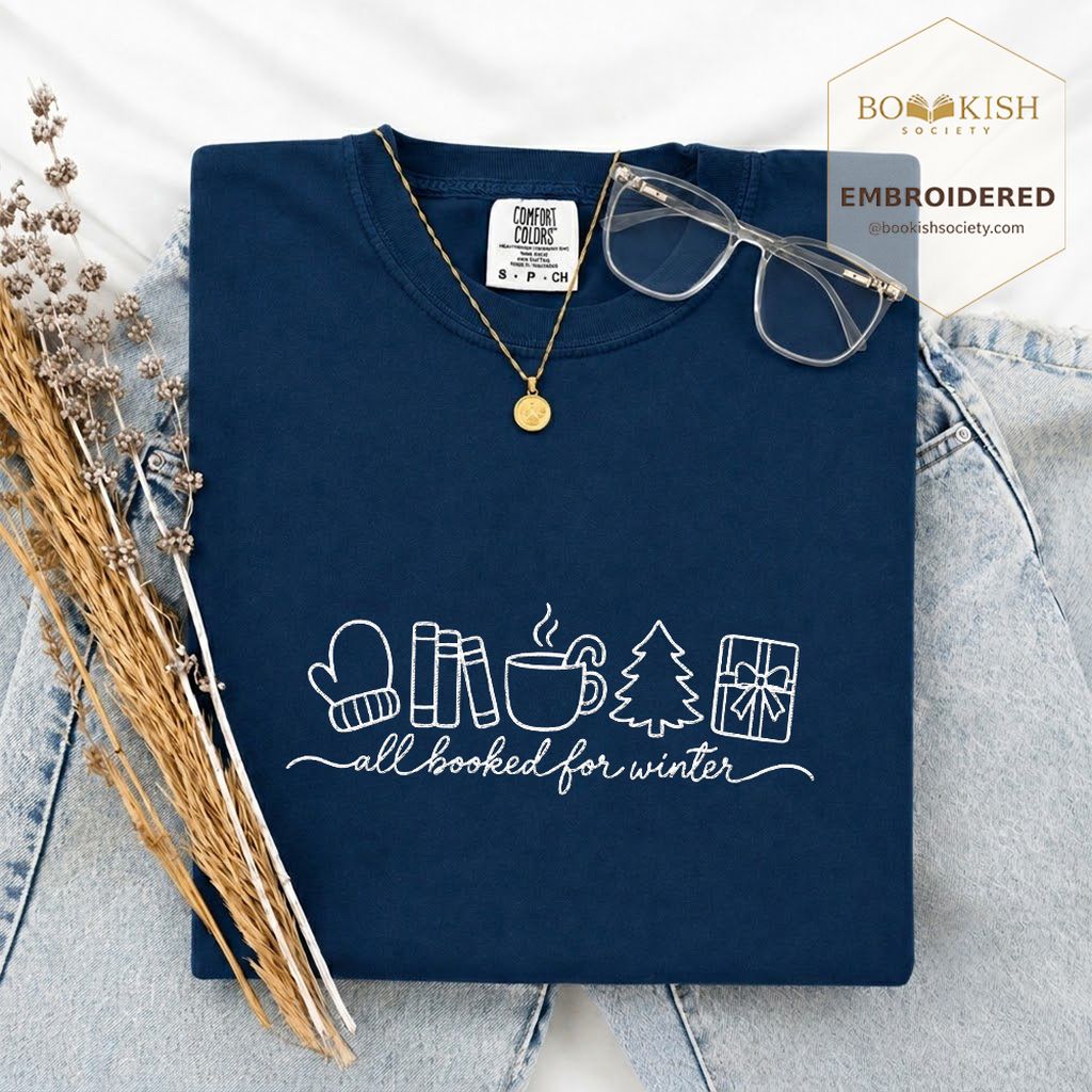 All Booked For Winter Embroidered T-Shirt | Christmas Reader Gift Navy