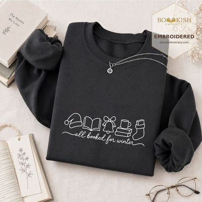 All Booked For Winter Embroidered Sweatshirt | Christmas Reader Gift Dark Heather