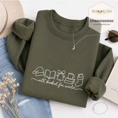 All Booked For Winter Embroidered Sweatshirt | Christmas Reader Gift Military Green