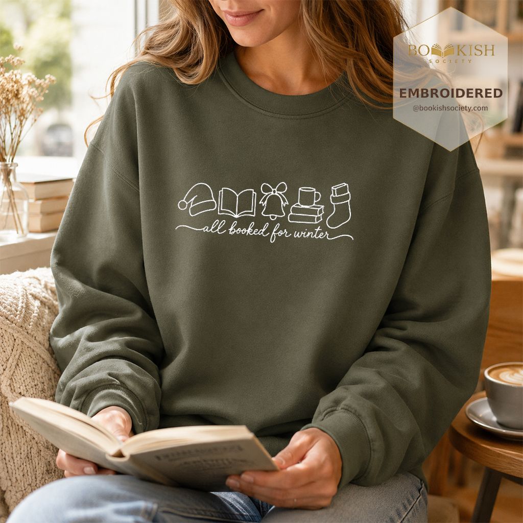 All Booked For Winter Embroidered Sweatshirt | Christmas Reader Gift Military Green