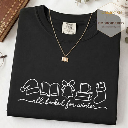 All Booked For Winter Embroidered T-Shirt | Christmas Reader Gift Black
