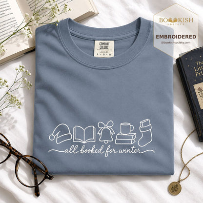 All Booked For Winter Embroidered T-Shirt | Christmas Reader Gift Blue Jean