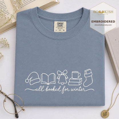 All Booked For Winter Embroidered T-Shirt | Christmas Reader Gift Blue Jean