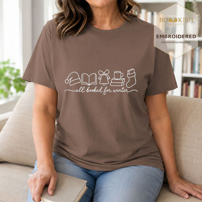 All Booked For Winter Embroidered T-Shirt | Christmas Reader Gift Espresso