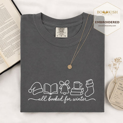 All Booked For Winter Embroidered T-Shirt | Christmas Reader Gift Graphite