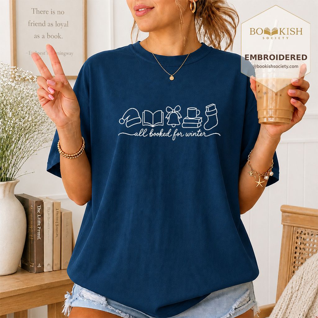 All Booked For Winter Embroidered T-Shirt | Christmas Reader Gift Navy