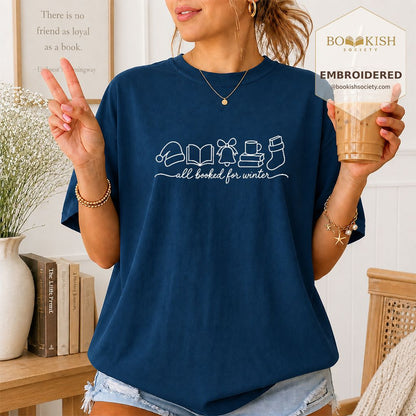 All Booked For Winter Embroidered T-Shirt | Christmas Reader Gift Navy