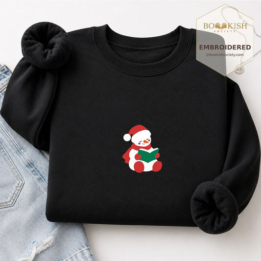 Snowman Reading Embroidered Sweatshirt | Christmas Book Lover Gift Black