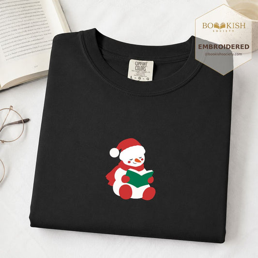 Snowman Reading Embroidered T-Shirt | Christmas Book Lover Gift Black