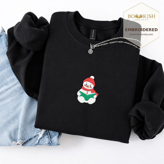 Snowman Reading Embroidered Sweatshirt | Christmas Book Lover Gift Black