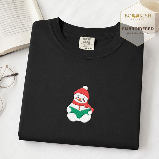 Snowman Reading Embroidered T-Shirt | Christmas Book Lover Gift Black