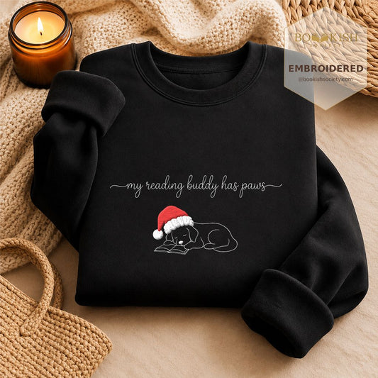 My Reading Buddy Has Paws Embroidered Sweatshirt | Dog Lover Reader Gift Black