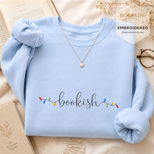 Bookish Christmas Lights Embroidered Sweatshirt | Christmas Reader Gift Light Blue
