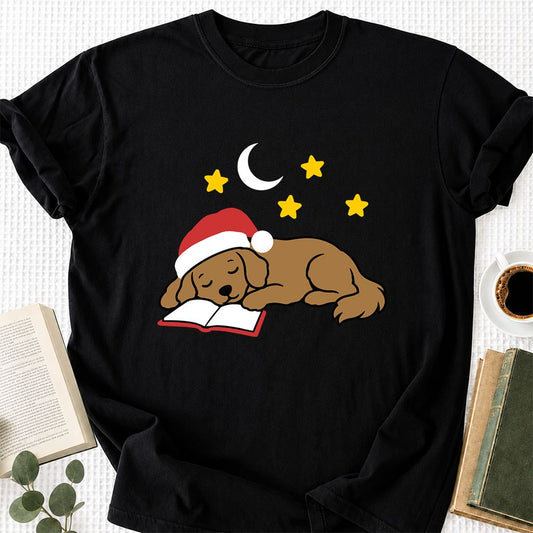 Golden Retriever Asleep On A Book Printed T-Shirt | Christmas Reader Gift Black