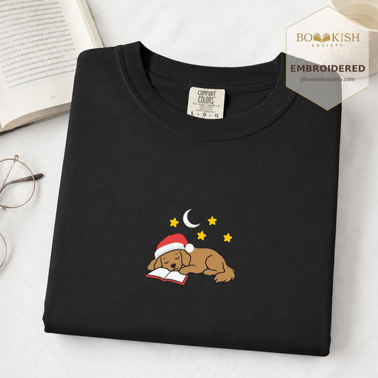 Golden Retriever Asleep On A Book Embroidered T-Shirt | Christmas Reader Gift Black