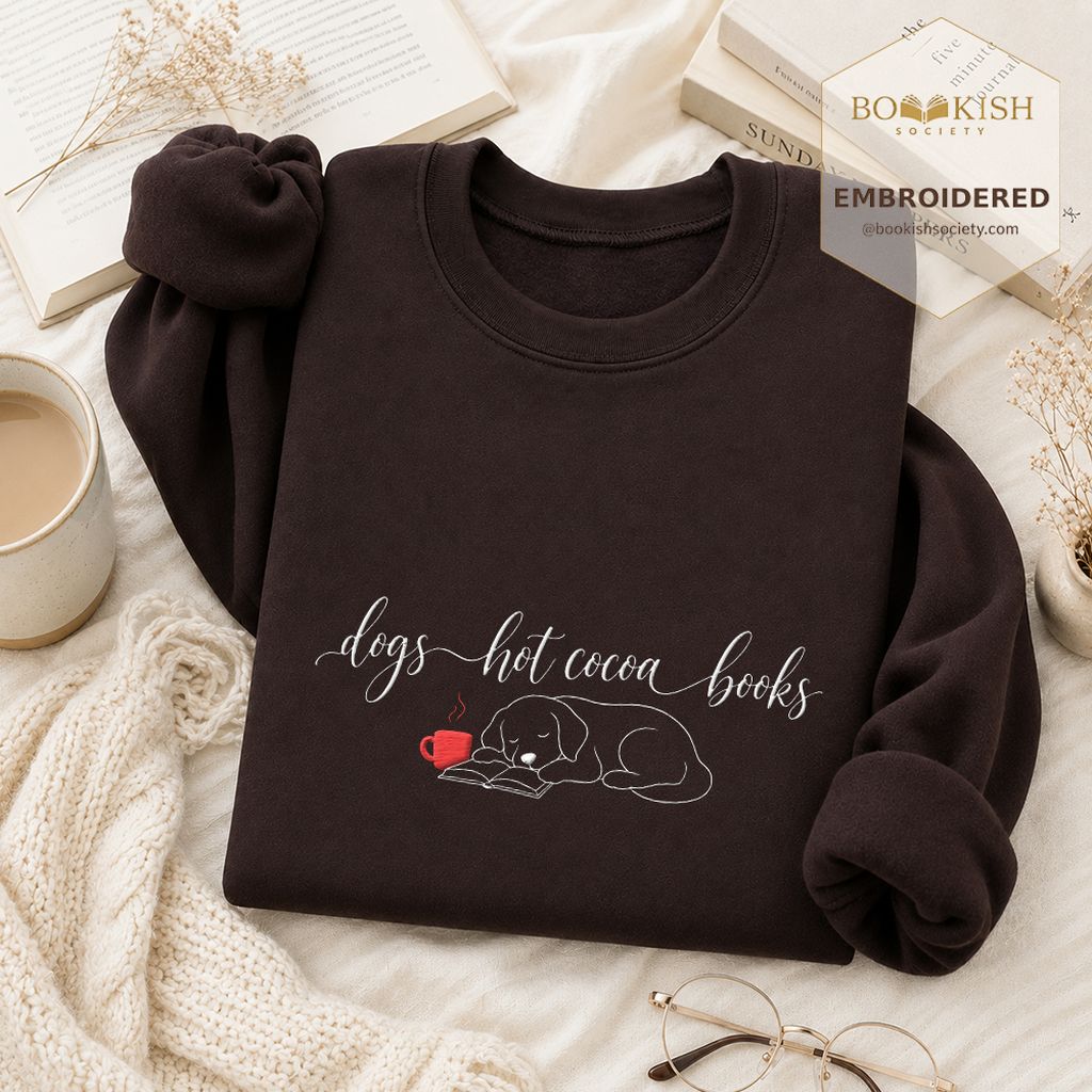 Dogs Hot Cocoa Books Embroidered Sweatshirt | Golden Retriever Lover Gift Dark Chocolate