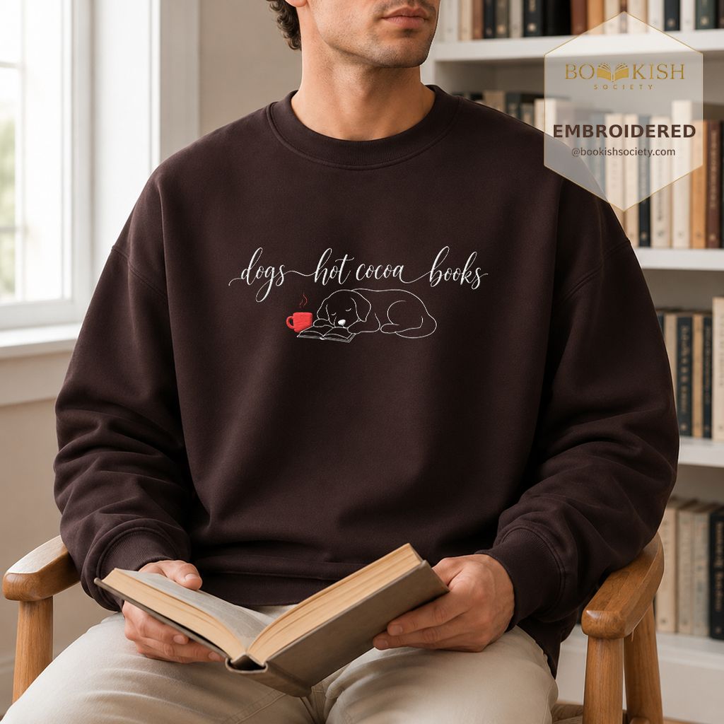 Dogs Hot Cocoa Books Embroidered Sweatshirt | Golden Retriever Lover Gift Dark Chocolate