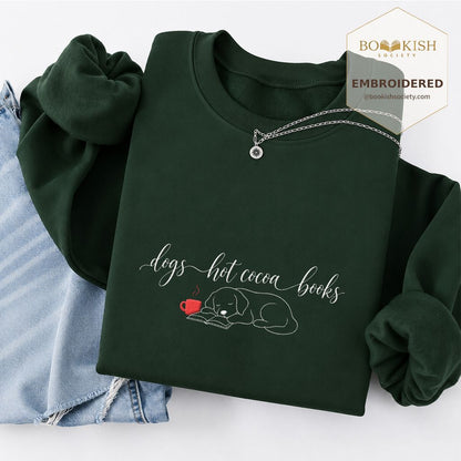 Dogs Hot Cocoa Books Embroidered Sweatshirt | Golden Retriever Lover Gift Forest Green