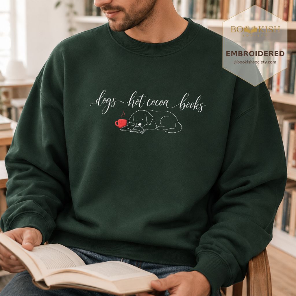 Dogs Hot Cocoa Books Embroidered Sweatshirt | Golden Retriever Lover Gift Forest Green