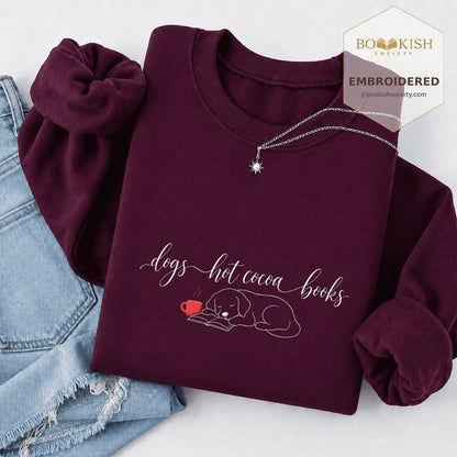 Dogs Hot Cocoa Books Embroidered Sweatshirt | Golden Retriever Lover Gift Maroon