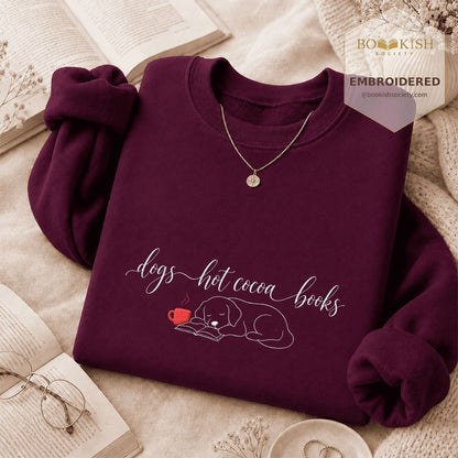 Dogs Hot Cocoa Books Embroidered Sweatshirt | Golden Retriever Lover Gift Maroon