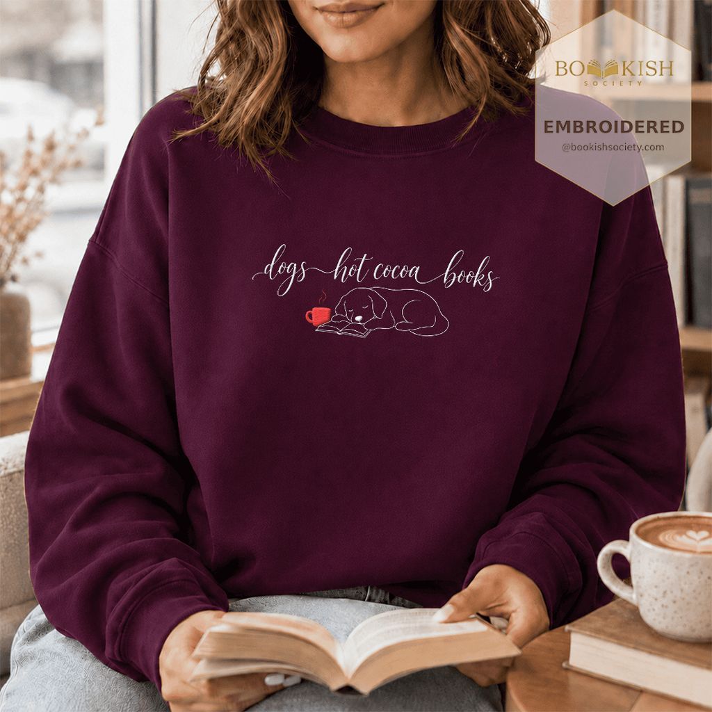 Dogs Hot Cocoa Books Embroidered Sweatshirt | Golden Retriever Lover Gift Maroon
