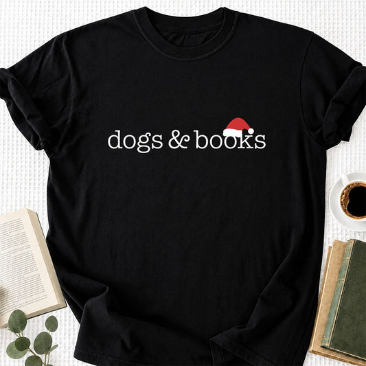 Dogs & Books Printed T-Shirt | Christmas Dog Lover Reader Gift Black