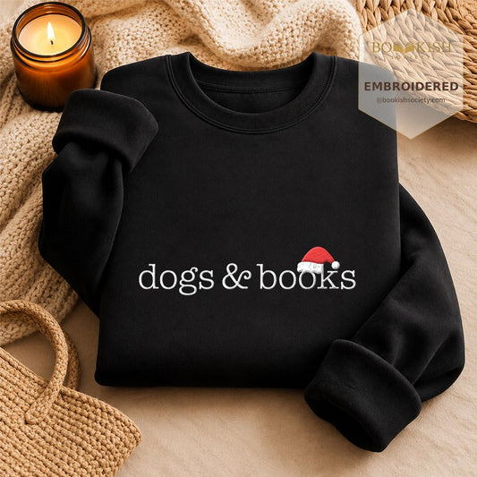 Dogs & Books Embroidered Sweatshirt | Christmas Dog Lover Reader Gift Black