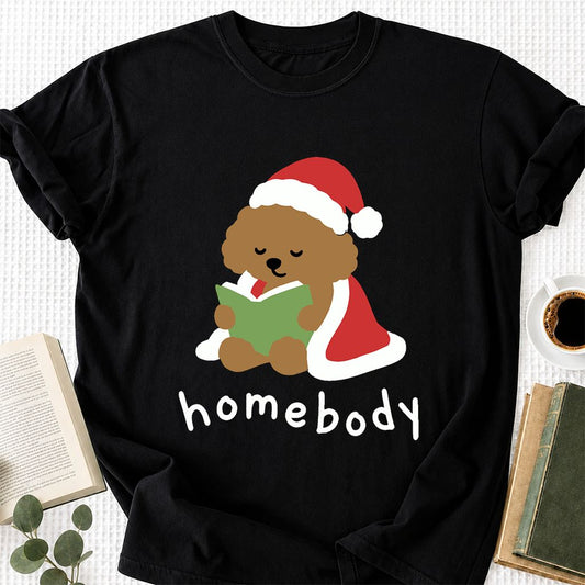 Homebody Santa Poodle Printed T-Shirt | Christmas Dog Lover Reader Gift Black