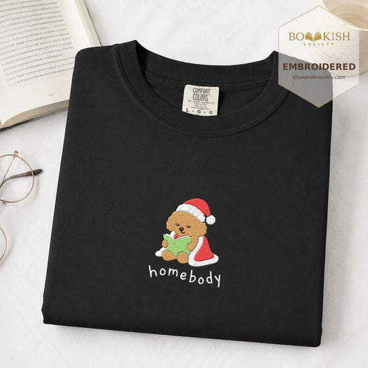 Homebody Santa Poodle Embroidered T-Shirt | Christmas Dog Lover Reader Gift Black