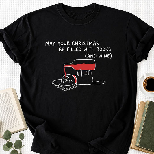 Christmas Filled With Books And Wine Printed T-Shirt | Funny Reader Gift Black