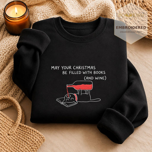 Books And Wine Christmas Cat Embroidered Sweatshirt | Cat Lover Reader Gift Black
