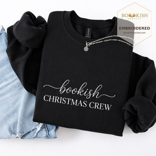 Bookish Christmas Crew Embroidered Sweatshirt | Christmas Book Club Gift Black