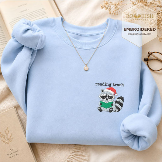Reading Trash Raccoon Embroidered Sweatshirt | Funny Christmas Reader Gift Light Blue