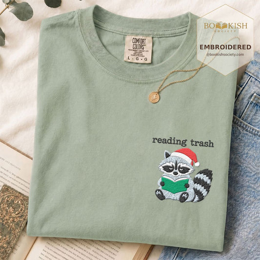 Reading Trash Raccoon Embroidered T-Shirt | Funny Christmas Reader Gift Bay