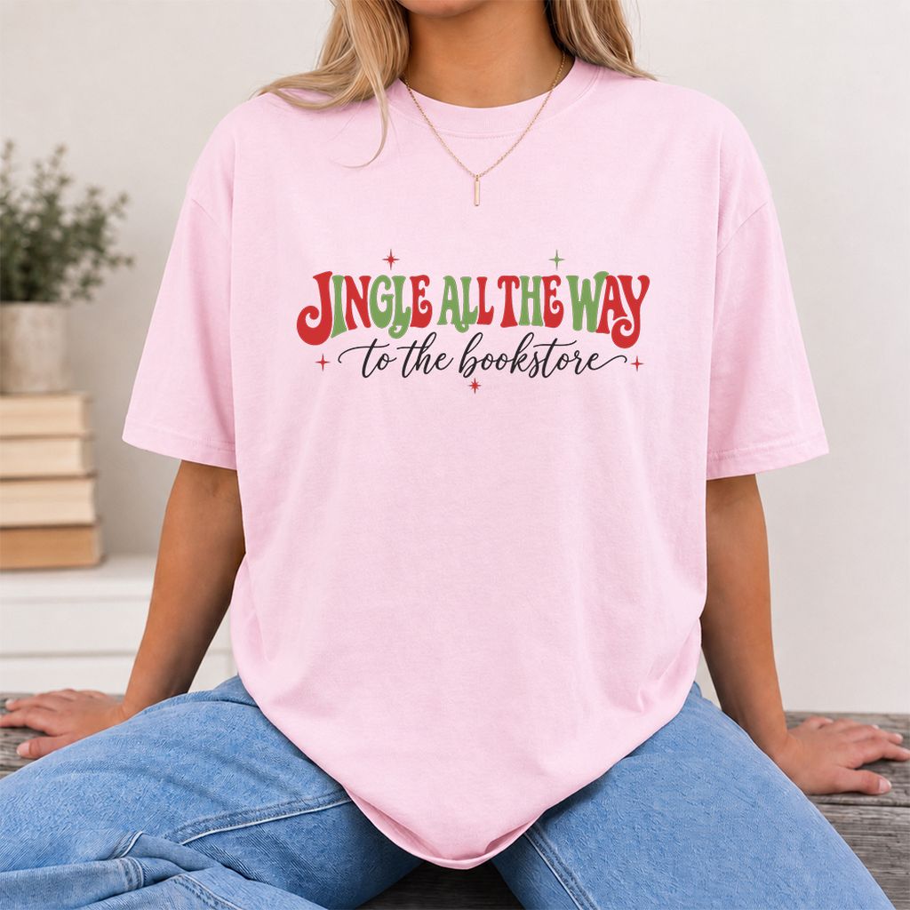 Jingle All The Way To The Bookstore Printed T-Shirt | Christmas Reader Gift Light Pink