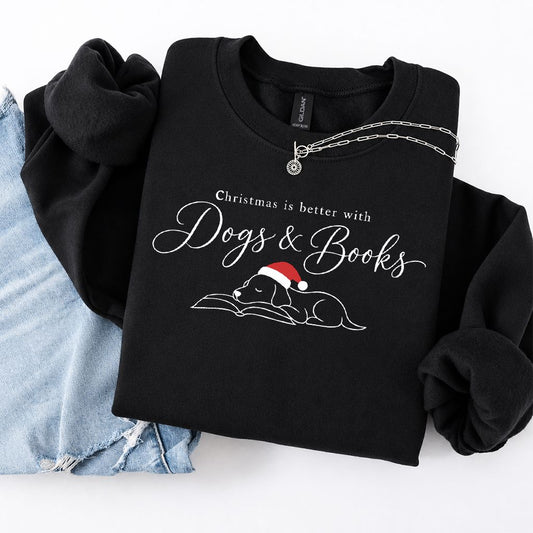 Christmas Is Better With Dogs & Books Crewneck Sweatshirt | Reader Gift Black